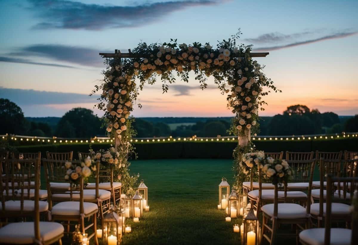 A tranquil sunset over a garden with twinkling lights and a floral archway, setting the stage for a late evening wedding