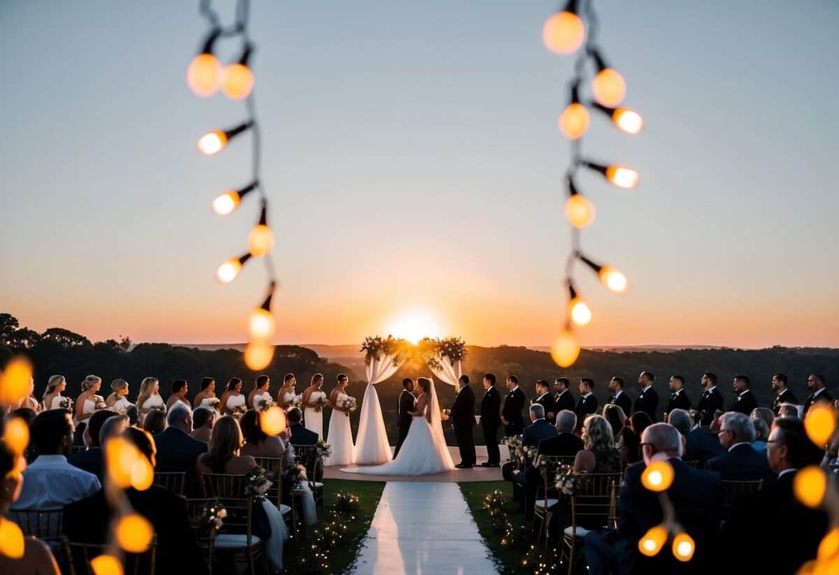 The sun sets behind a picturesque venue, casting a warm glow over the ceremony area. Decorative lights twinkle as guests gather for an evening wedding