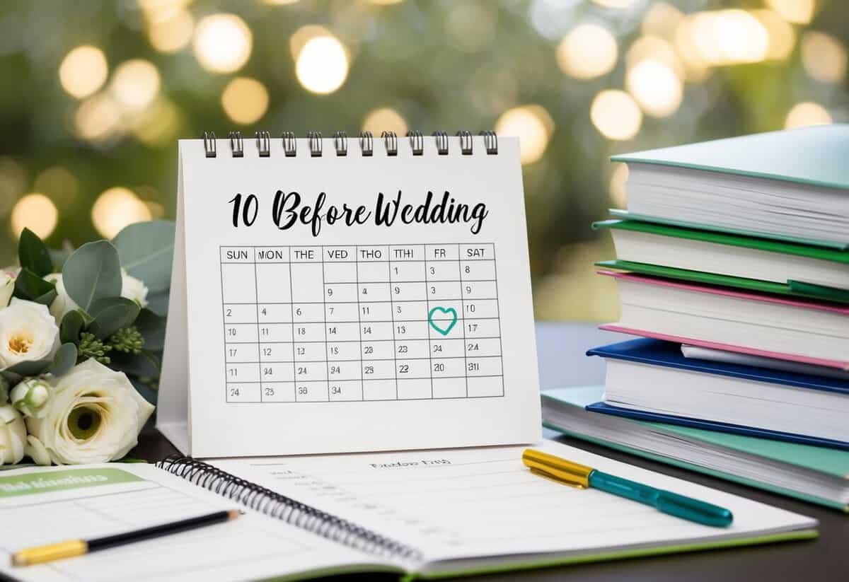 A calendar with a date 10 months before the wedding circled, surrounded by wedding planning books and checklists