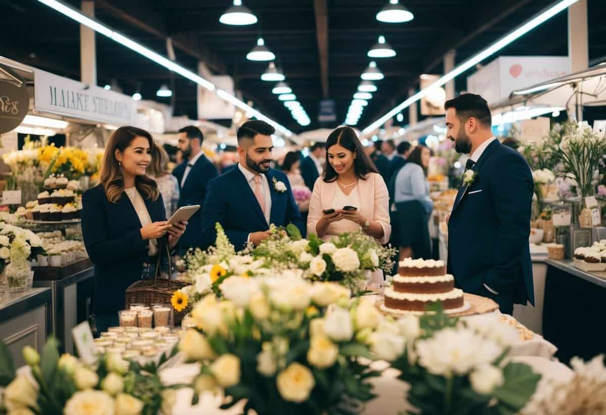A busy marketplace with vendors selling wedding essentials like flowers, cakes, and decorations. Couples browsing and discussing details for their upcoming weddings