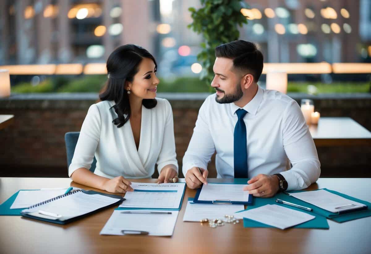 A couple sitting at a table with a calendar, contracts, and paperwork spread out, discussing wedding logistics and legalities