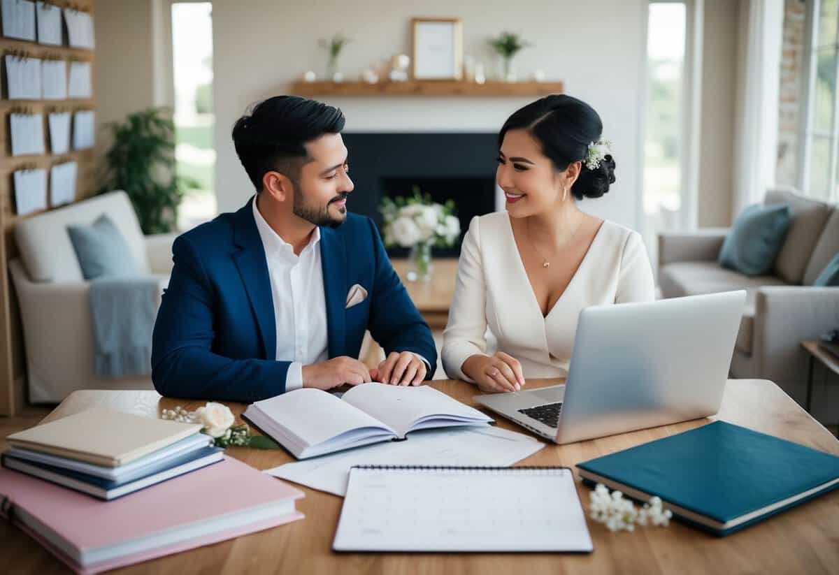 A couple sitting at a table, surrounded by wedding planning books, calendars, and a laptop. They are discussing and finalizing pre-wedding events