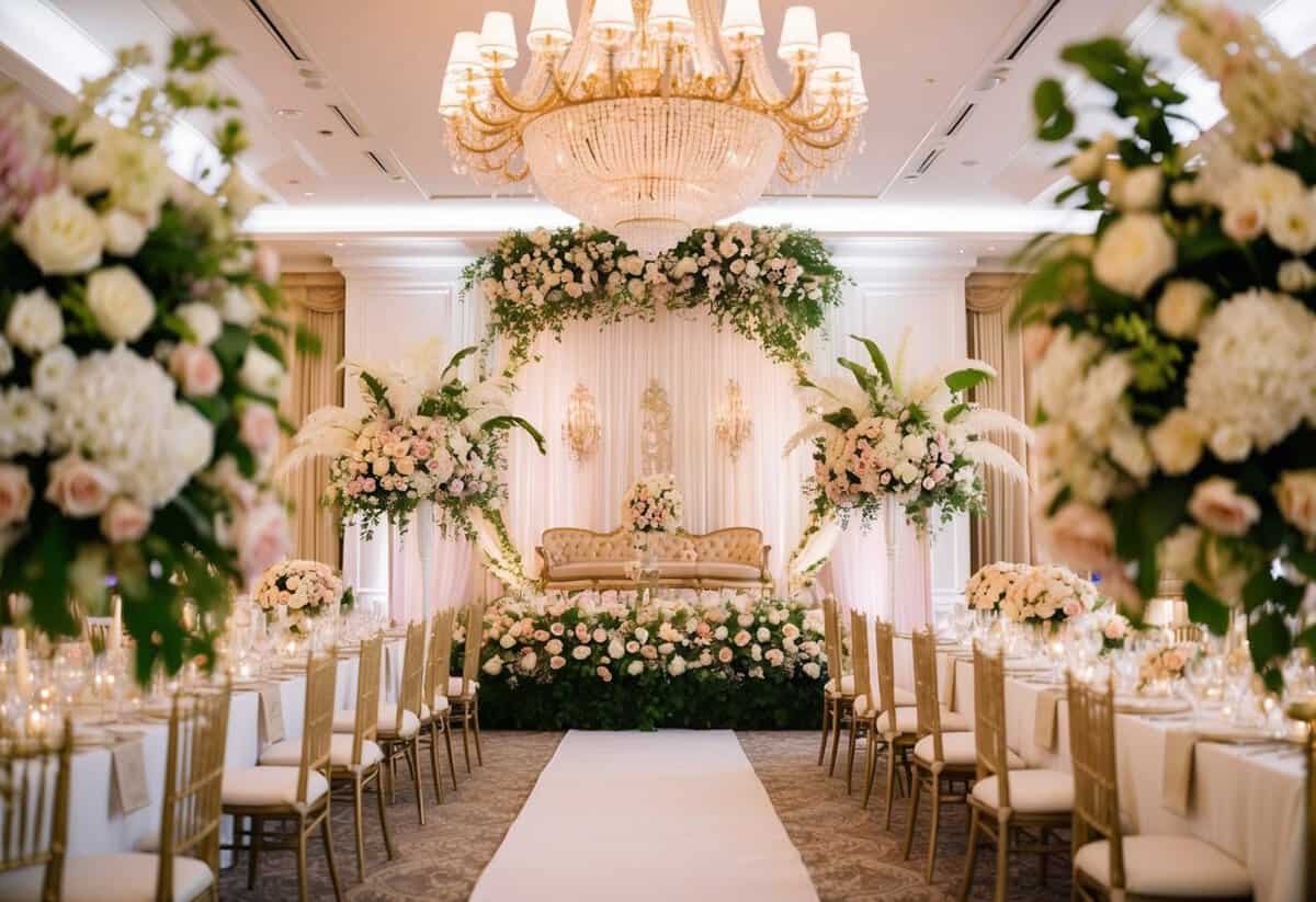 A lavish wedding venue with ornate decorations and extravagant floral arrangements
