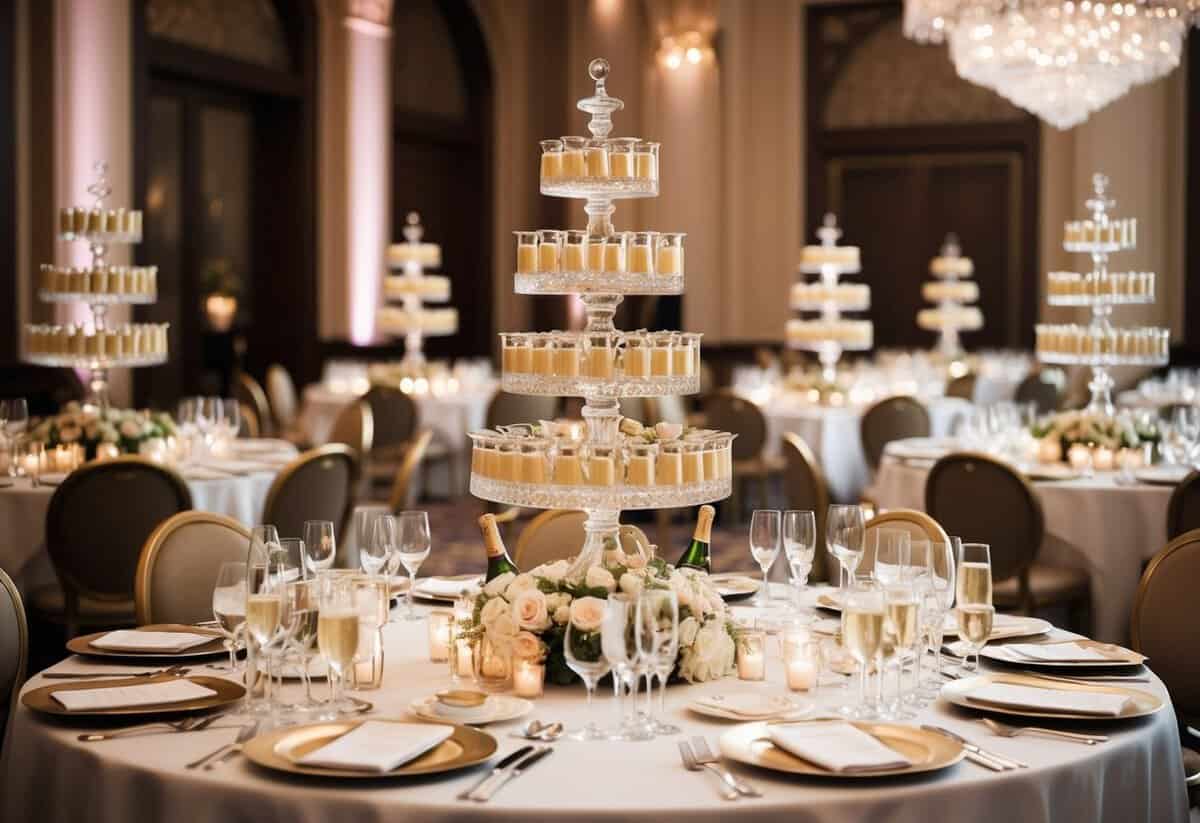 A grand wedding banquet with opulent decor, champagne towers, and luxurious table settings