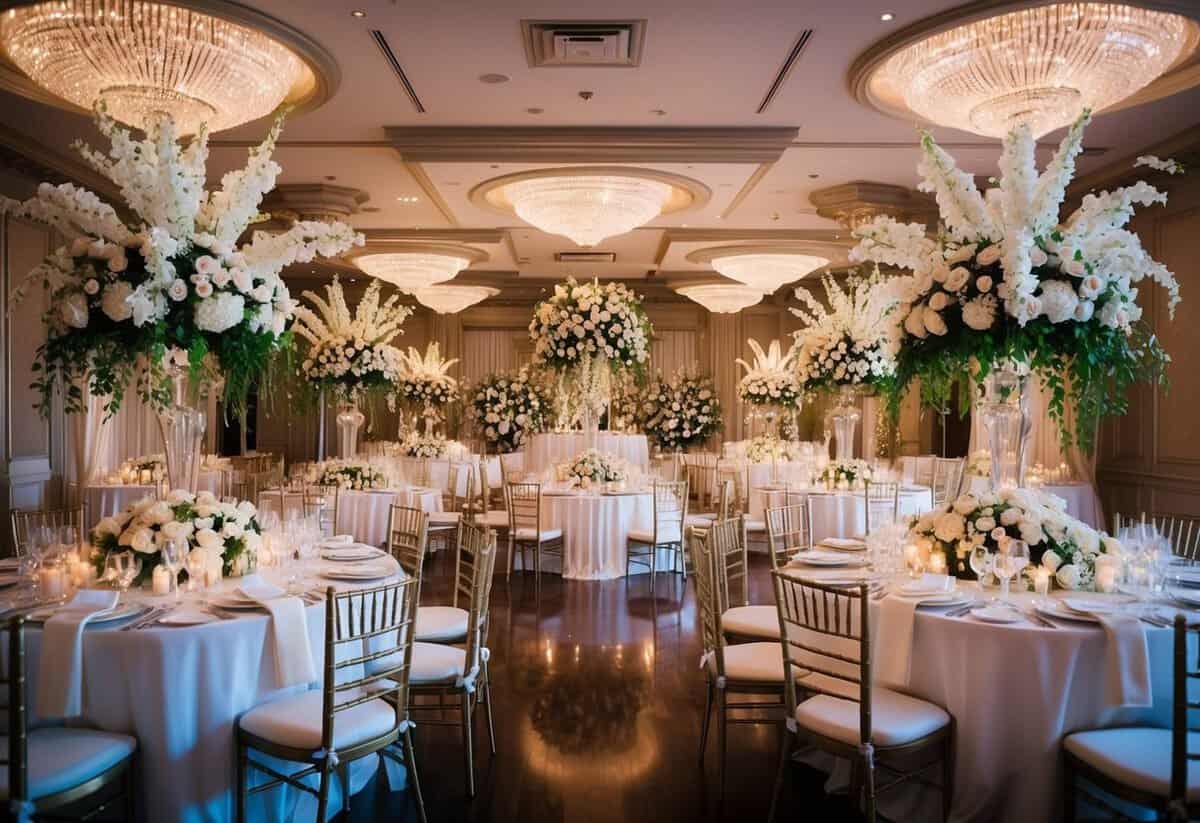 A lavish wedding venue with opulent decor and extravagant floral arrangements