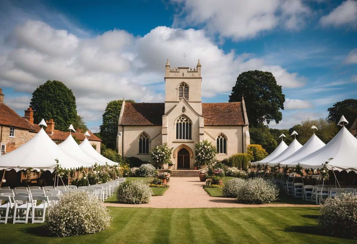 A picturesque English countryside with a charming old church and blooming gardens, adorned with elegant white tents and twinkling lights for a romantic wedding celebration