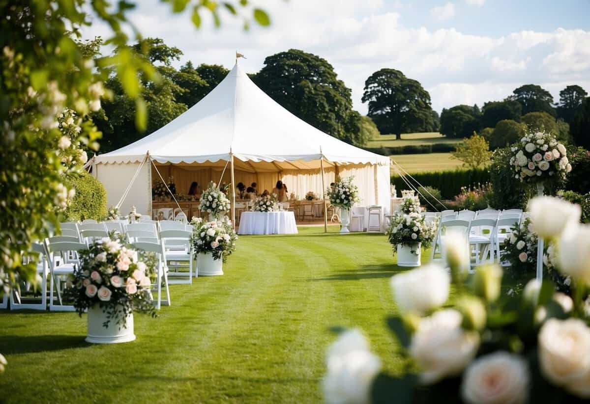 A traditional English countryside wedding venue with a white marquee, elegant floral arrangements, and a picturesque garden backdrop