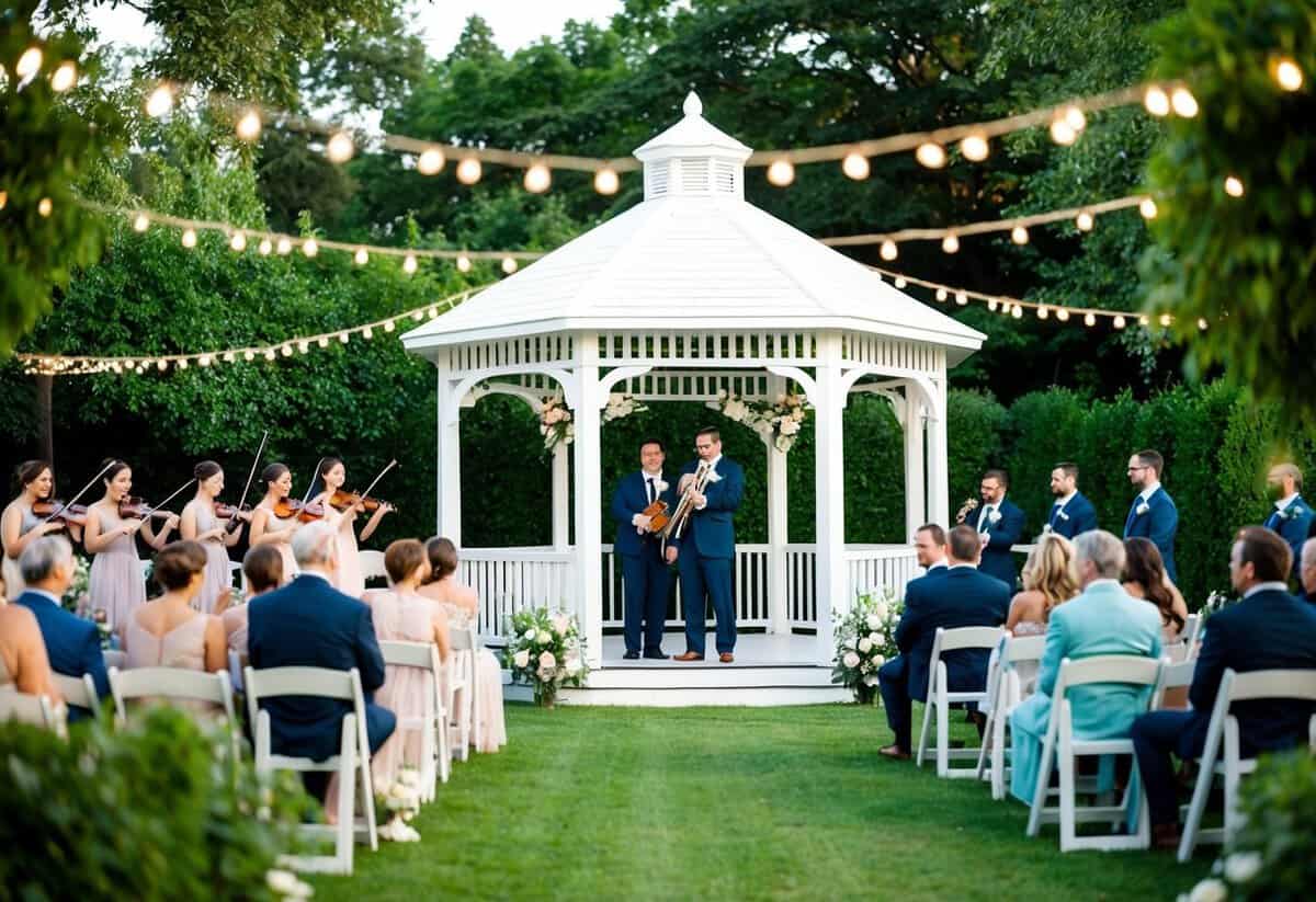 A lush garden wedding with a white gazebo, floral arch, and elegant seating. A string quartet plays as guests mingle under twinkling lights