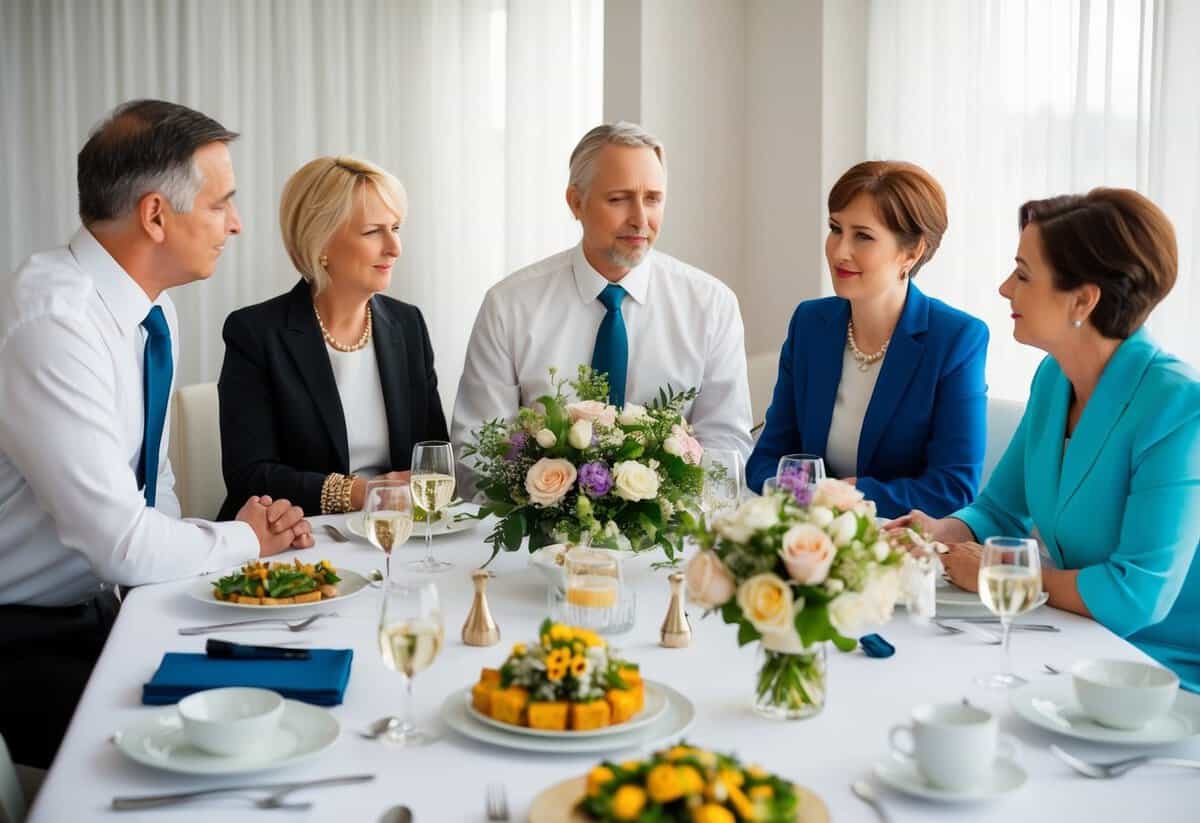A table with items such as venue, catering, flowers, and attire, surrounded by parents discussing wedding costs