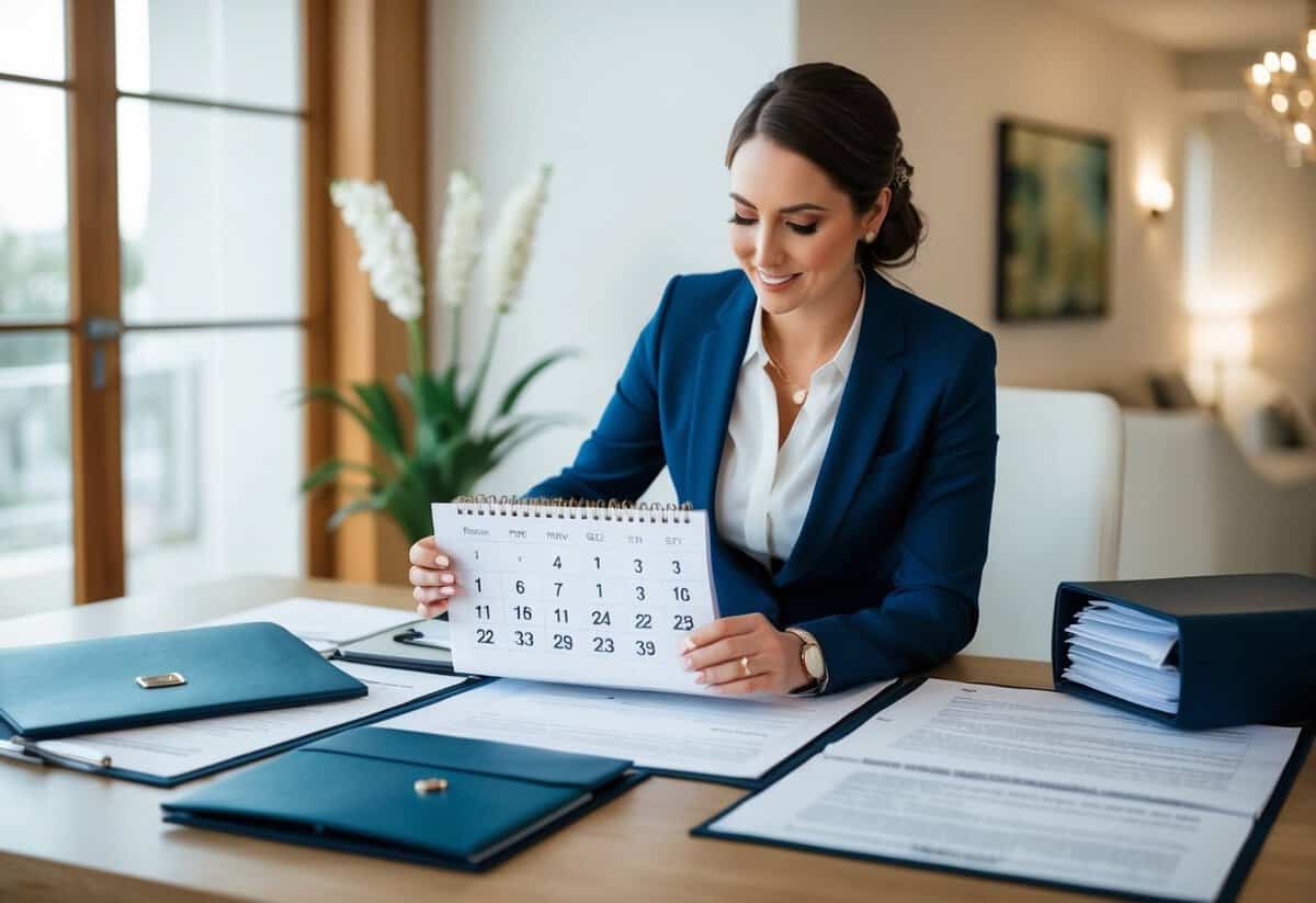 A wedding planner reviewing a calendar, surrounded by legal documents and post-wedding arrangements