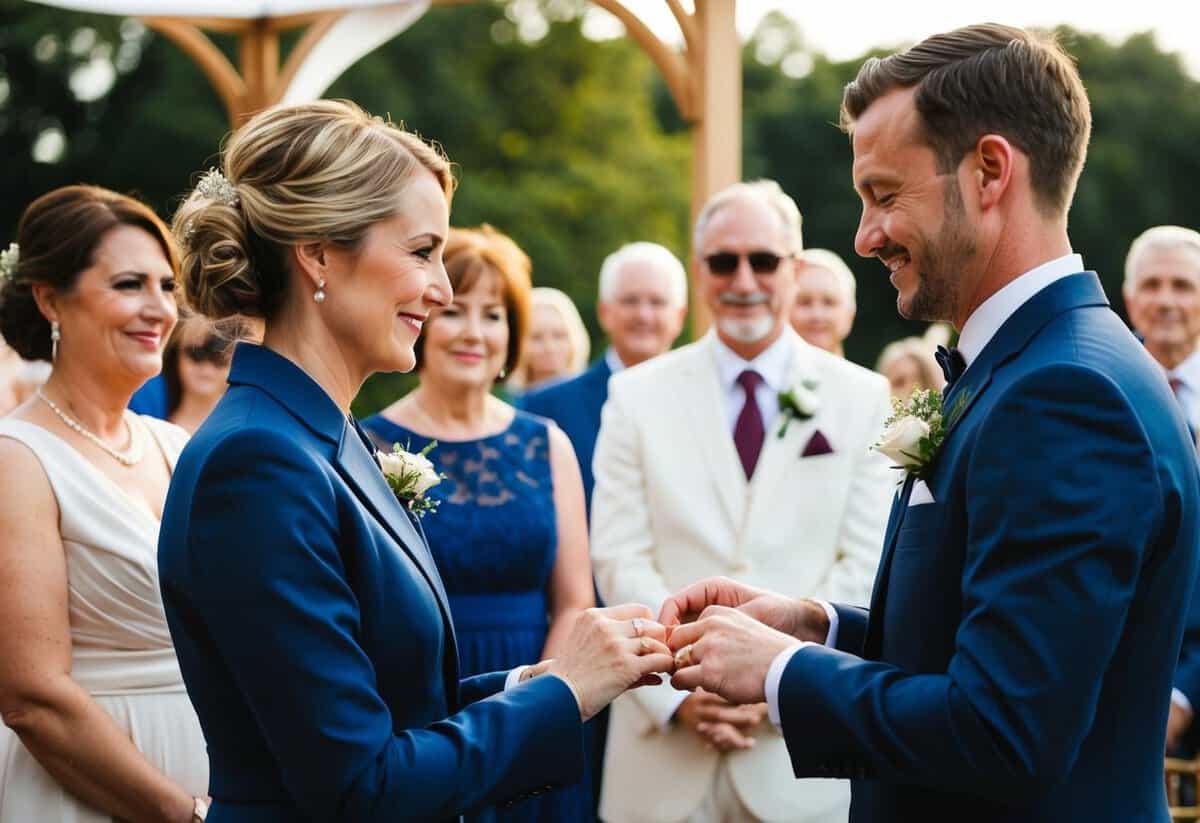 A couple exchanging rings at a wedding ceremony with family members looking on