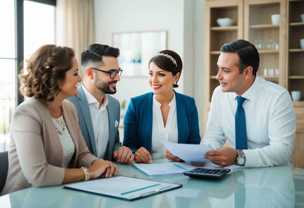 A couple and their parents discussing wedding expenses at a dining table, with a spreadsheet and calculator in the background
