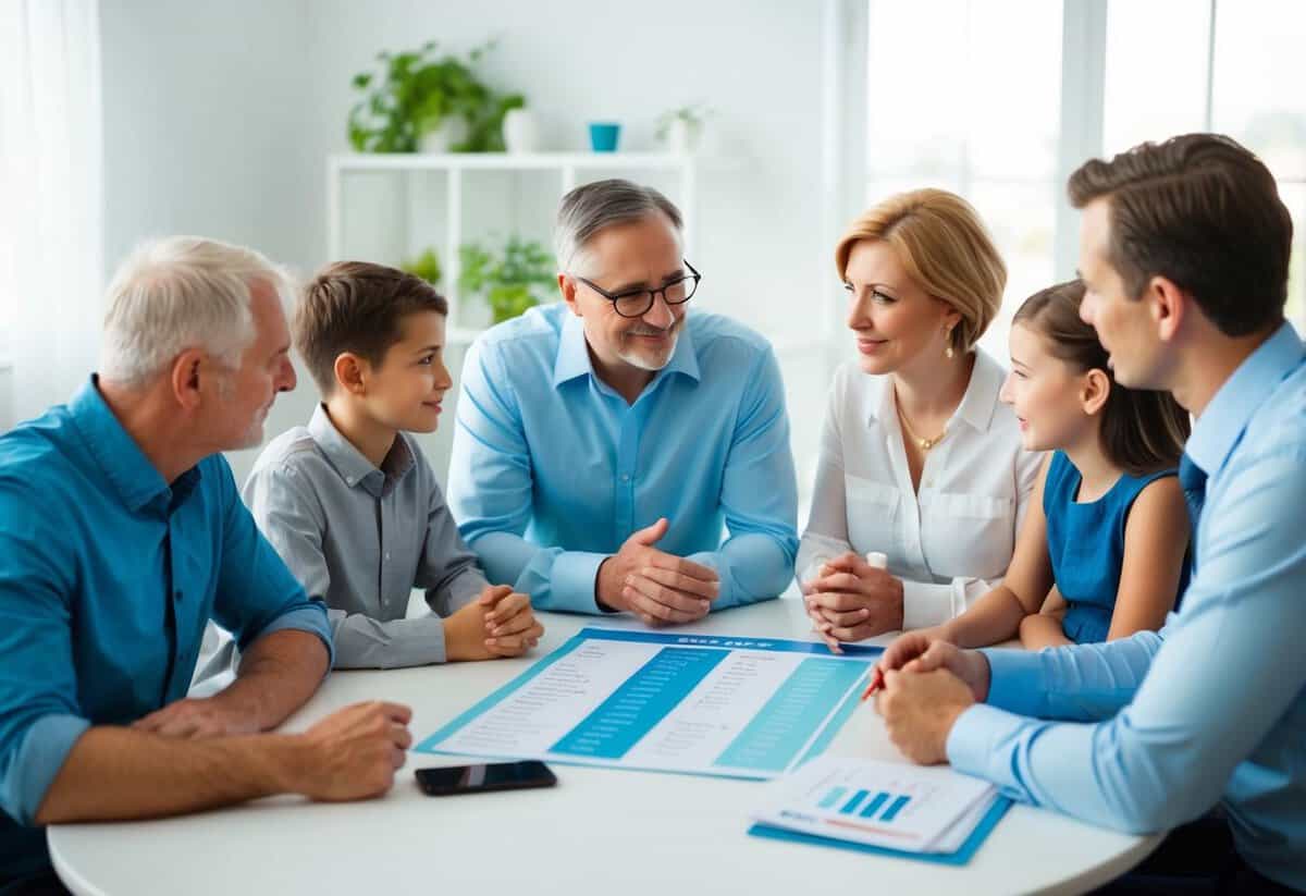 A family meeting around a table, discussing wedding expenses. A chart with categories and dollar amounts is displayed