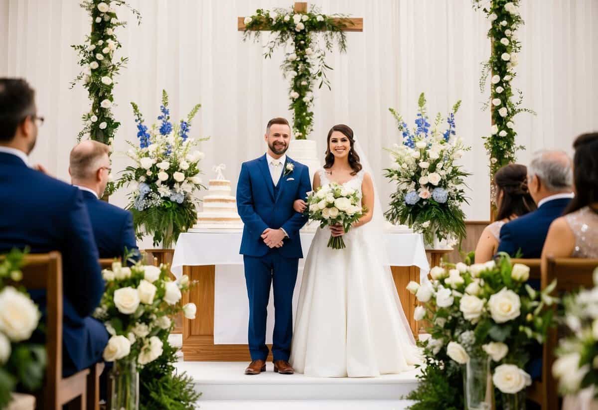 A bride and groom standing at the altar surrounded by flowers, decorations, and a wedding cake