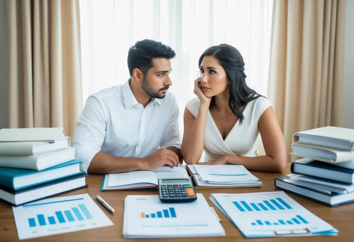 A couple sits at a table surrounded by wedding planning books, financial documents, and a calculator. They look concerned as they discuss their budget