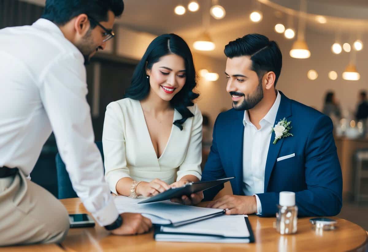 A couple booking a wedding venue and discussing details with a planner