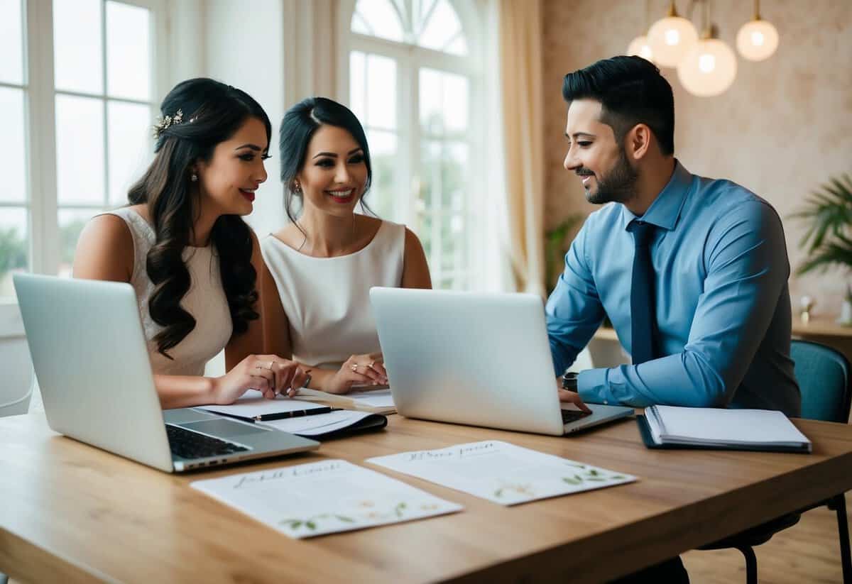 A table with invitations, a calendar, and a laptop. A couple discussing plans with a wedding planner