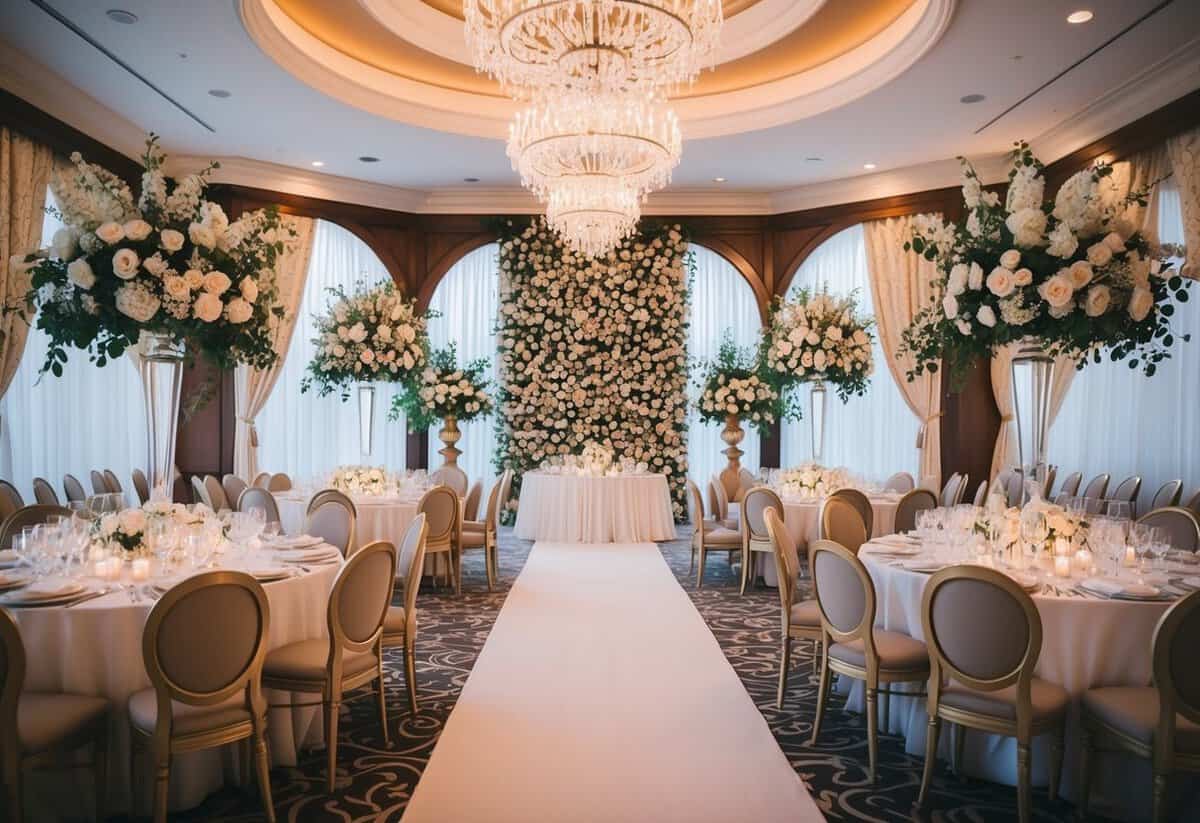 A lavish wedding venue with elegant decorations and a picturesque backdrop
