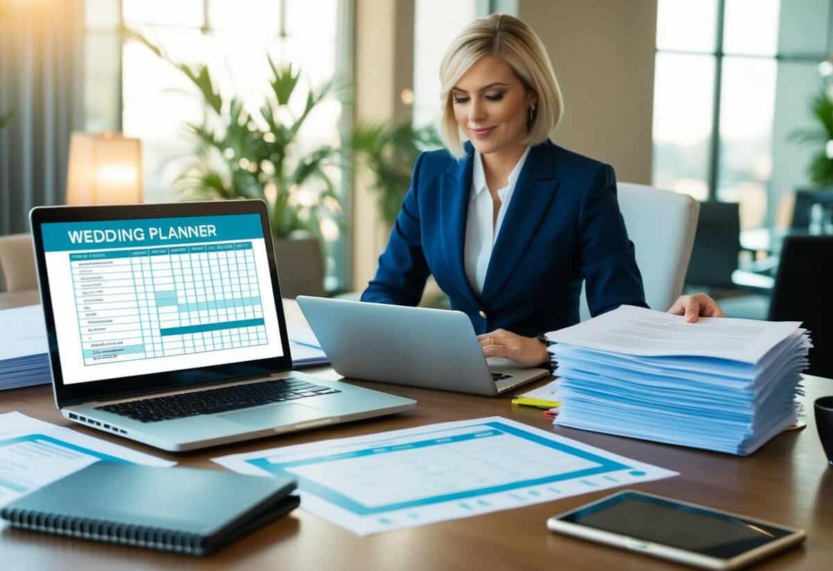 A wedding planner at a desk, surrounded by contracts, calendars, and a checklist. A laptop displays a timeline and a stack of legal documents awaits review