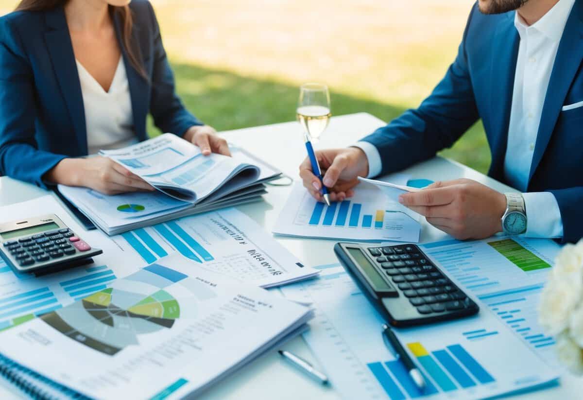 A couple sits at a table covered in wedding magazines and spreadsheets, discussing budget and expenses. A calculator and pen are nearby