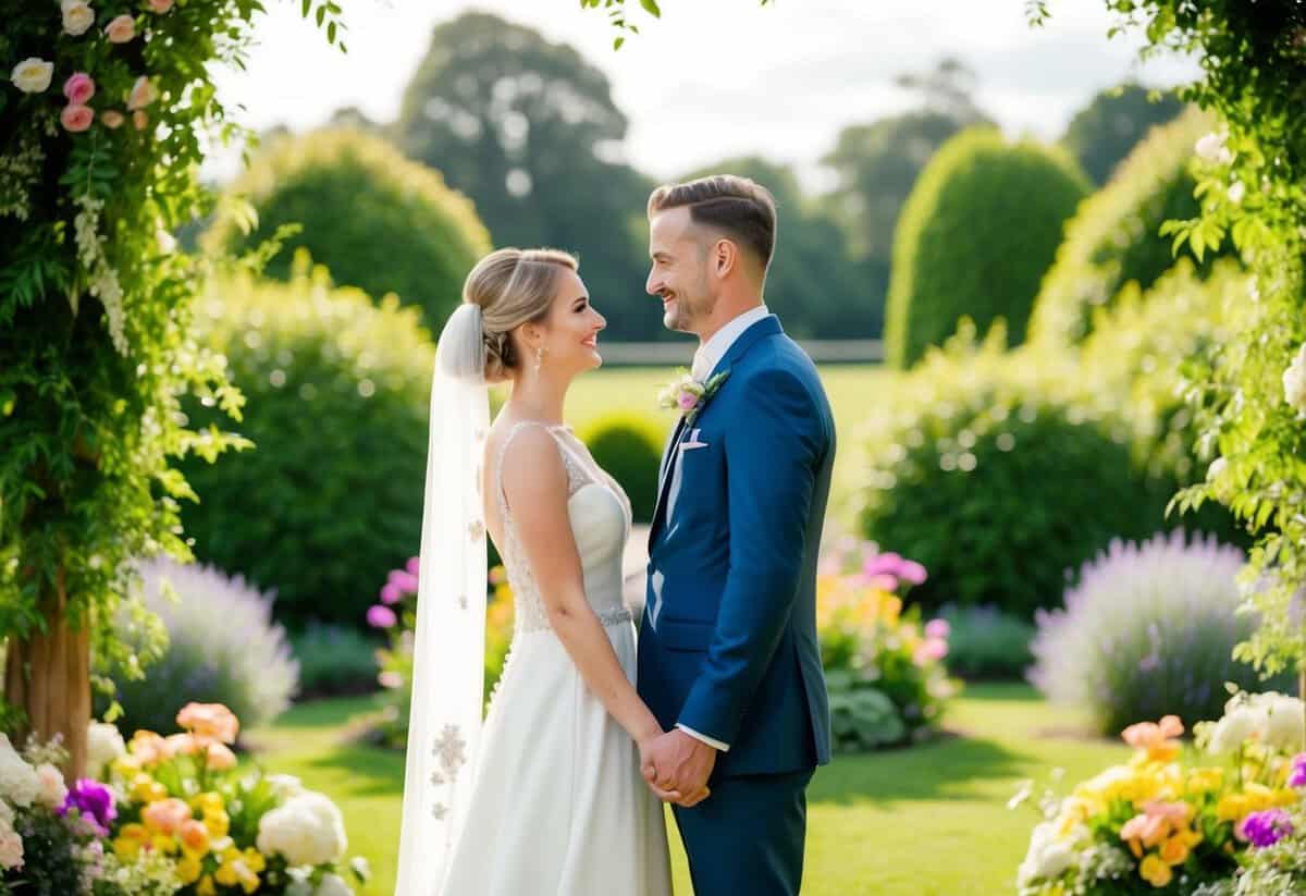 A bride and groom standing in a beautiful outdoor wedding venue, surrounded by lush greenery and colorful flowers, with a serene and romantic atmosphere