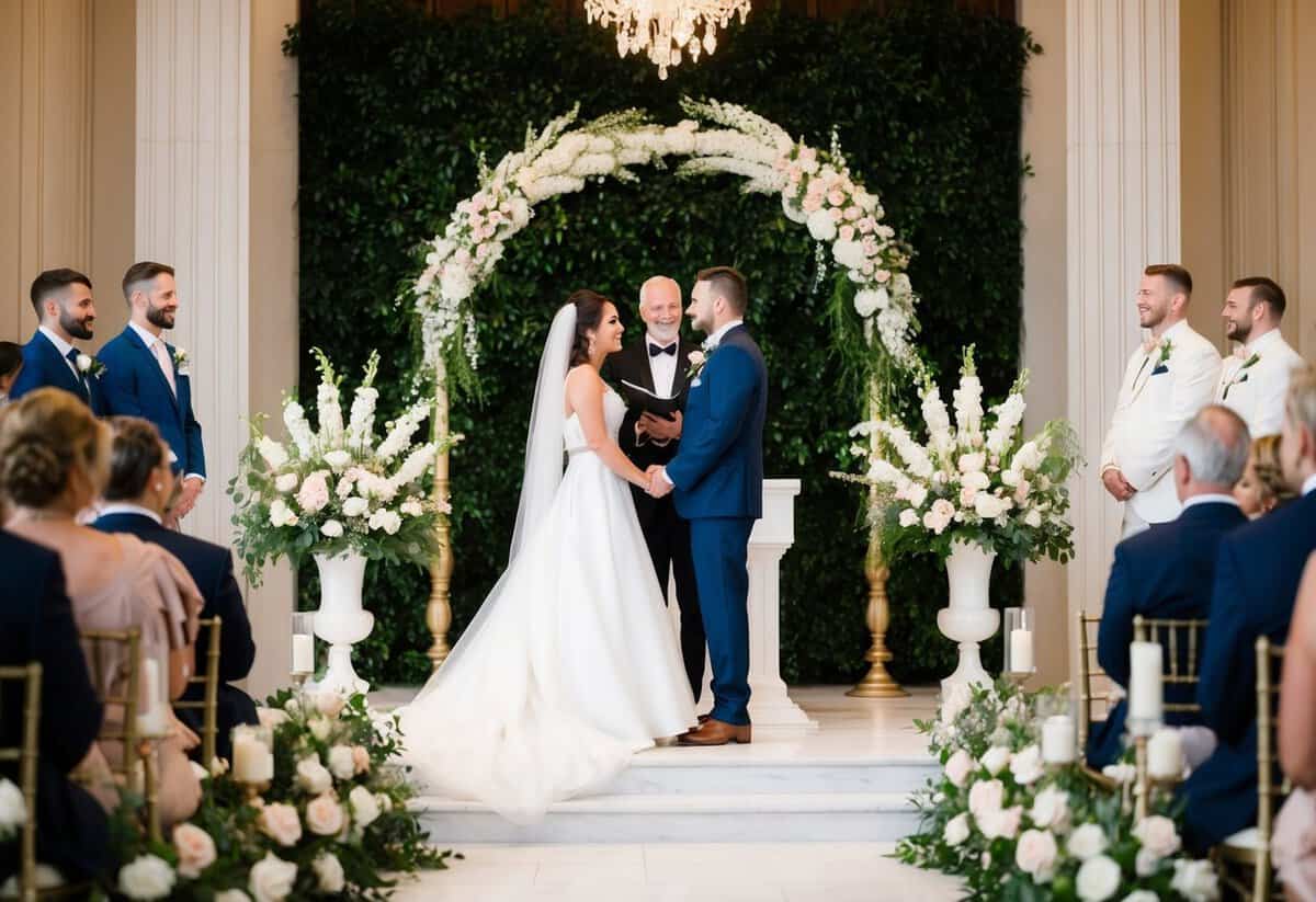 A bride and groom stand at the altar, surrounded by floral arrangements and elegant decor, adhering to the 60 20 20 rule for wedding design