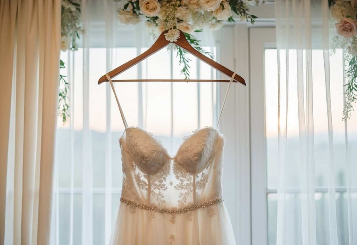 The bride's elegant white gown hangs on a vintage wooden hanger, surrounded by delicate lace and floral details. The soft morning light filters through the sheer curtains, creating a serene and romantic atmosphere
