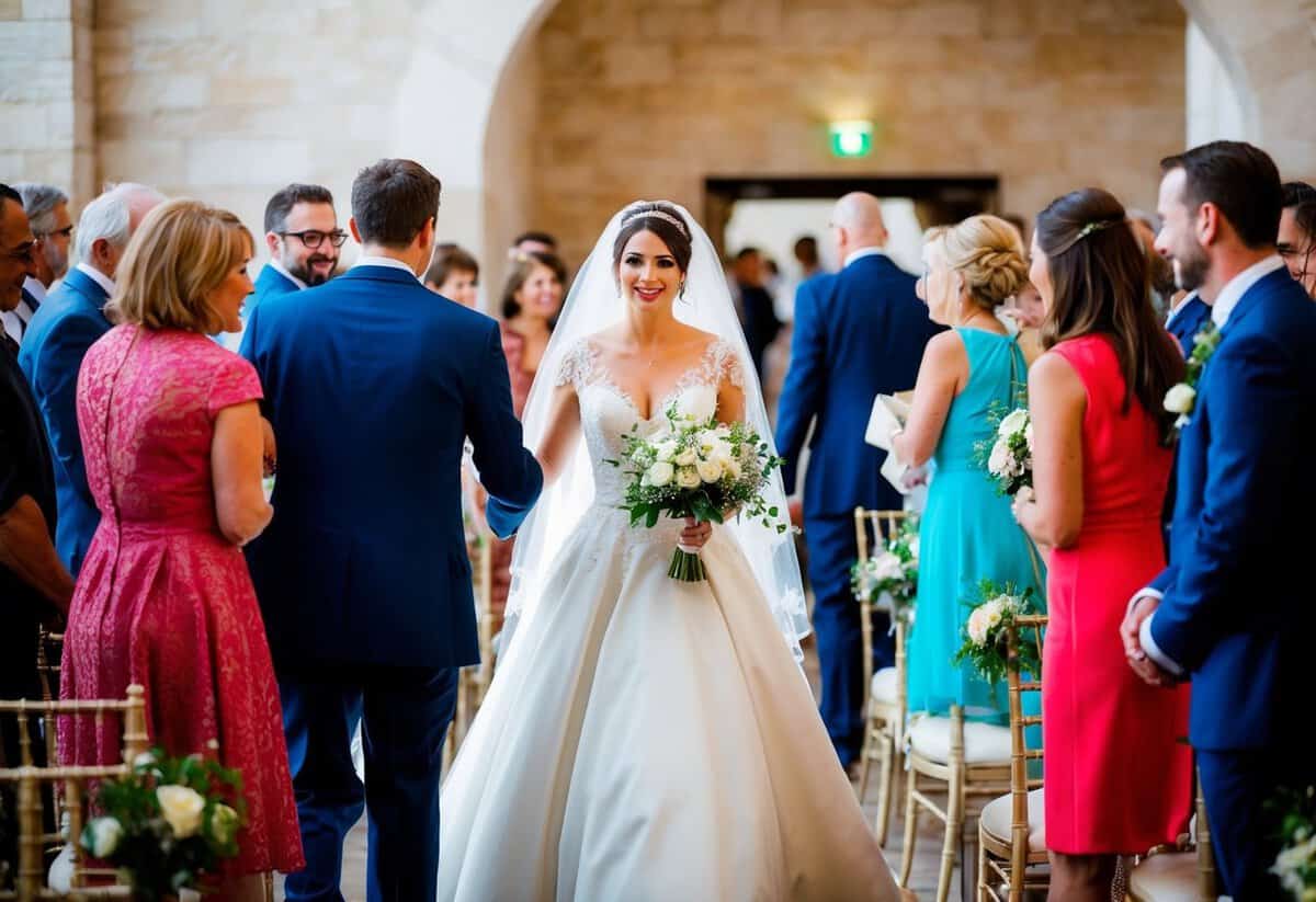 The bride arrives at her wedding venue, greeted by guests and preparing for post-ceremony activities