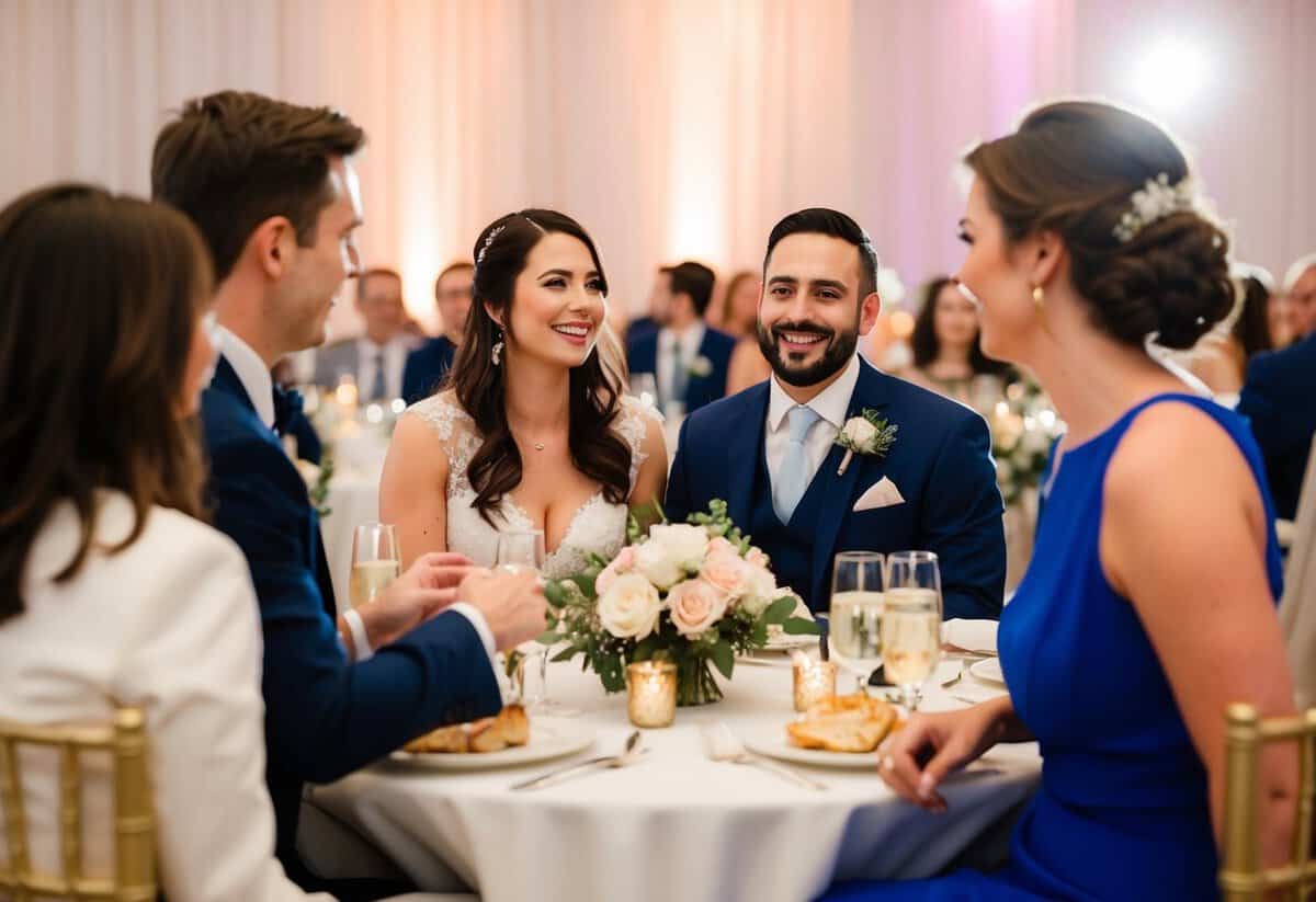 A wedding reception with a couple and their guest, showing the +1 rule in action