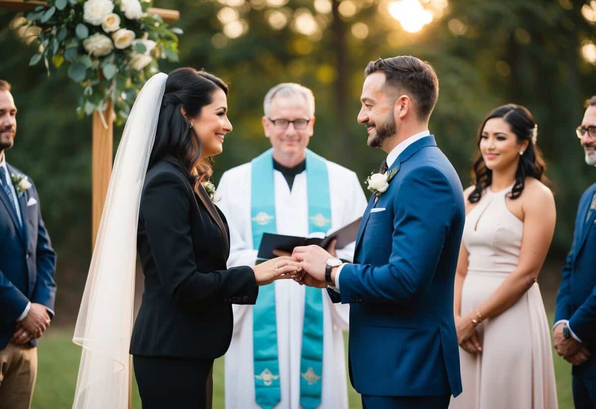A couple stands before an officiant, exchanging vows and rings, with witnesses nearby