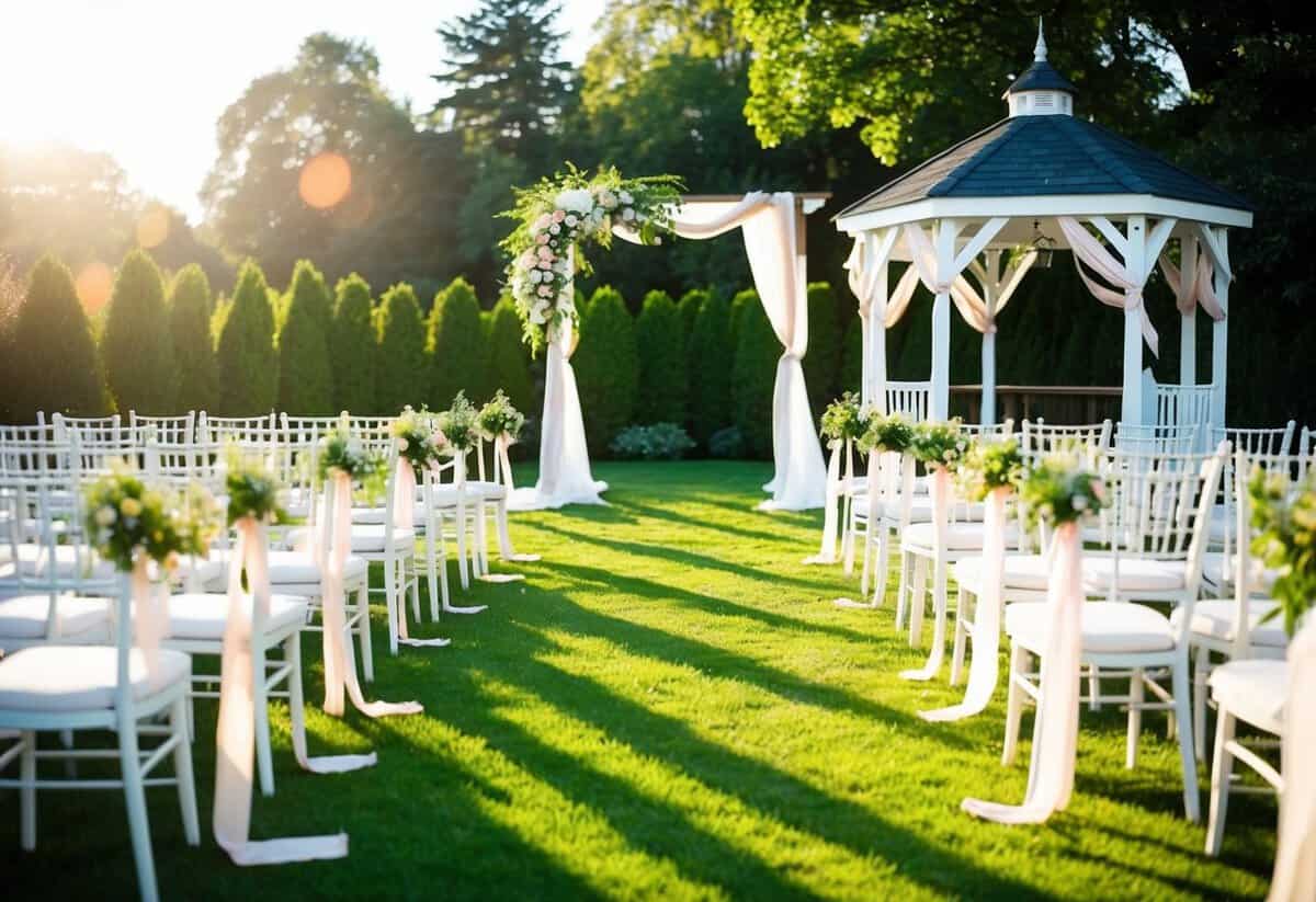A sunlit garden set for a wedding with a floral arch, rows of chairs, and a gazebo adorned with ribbons and flowers
