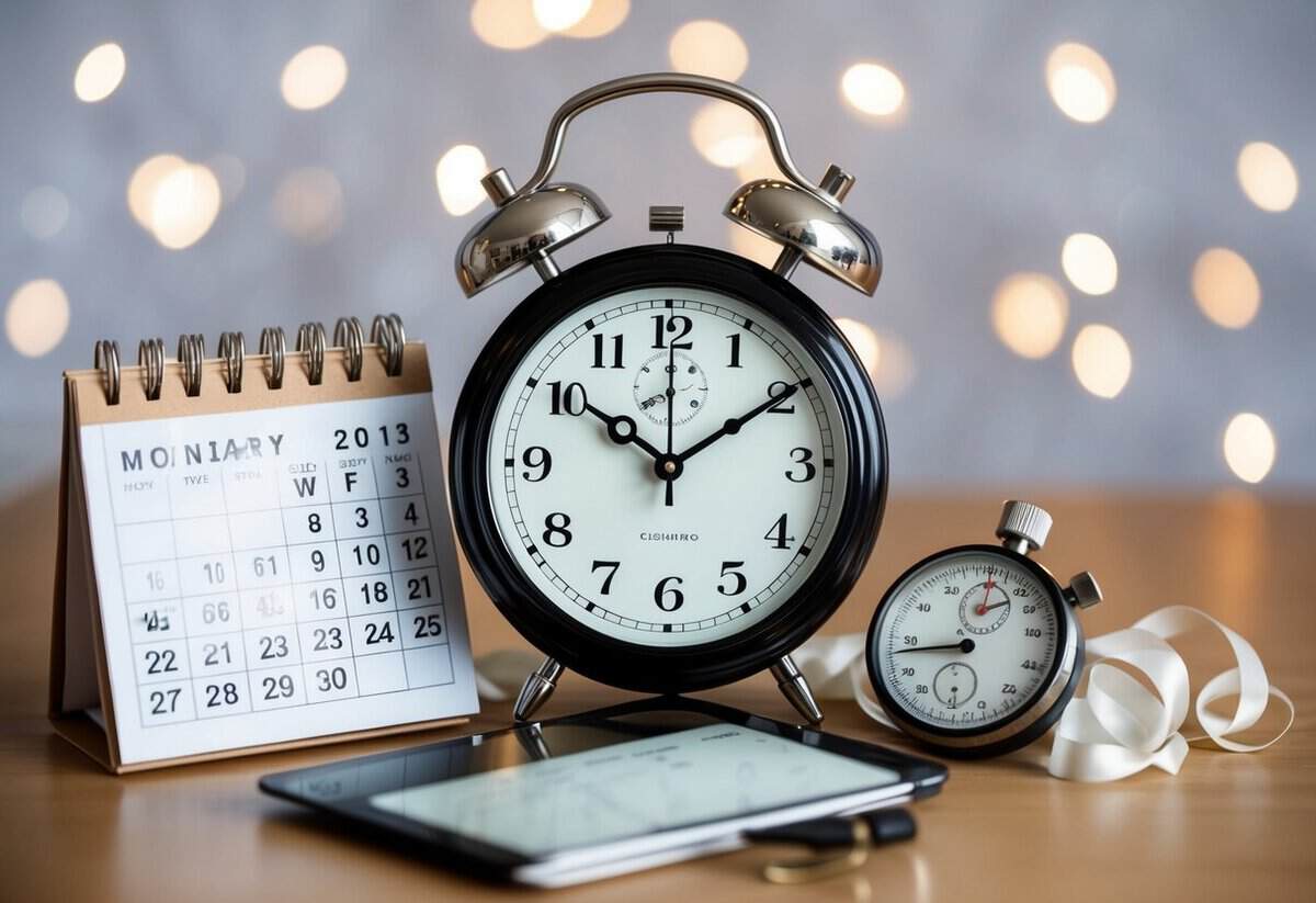 A clock with wedding decor, surrounded by a calendar and a stopwatch