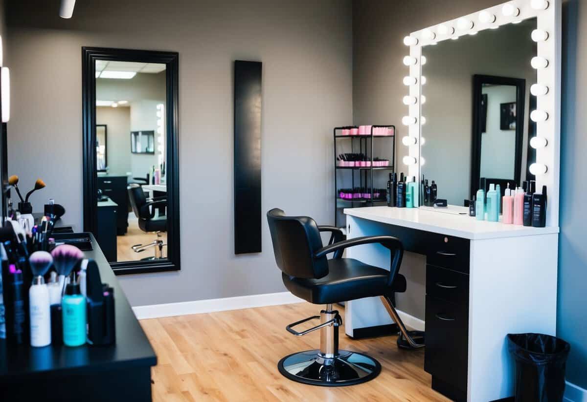 A salon chair with a mirror, a hair styling station, and a makeup table with various products and brushes