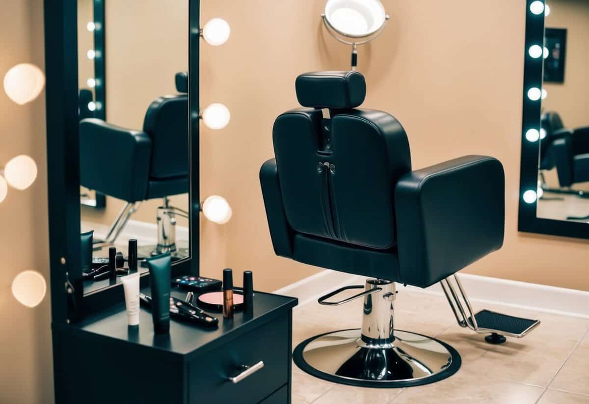 A salon chair with a mirror, a hair stylist's tools, and a makeup artist's products laid out on a table