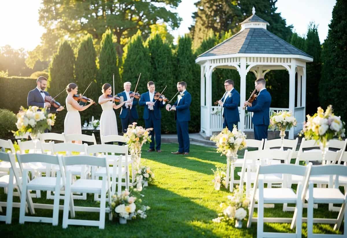 A sunlit garden with white chairs and floral arrangements, a gazebo in the background. A string quartet plays softly as guests mingle and enjoy refreshments