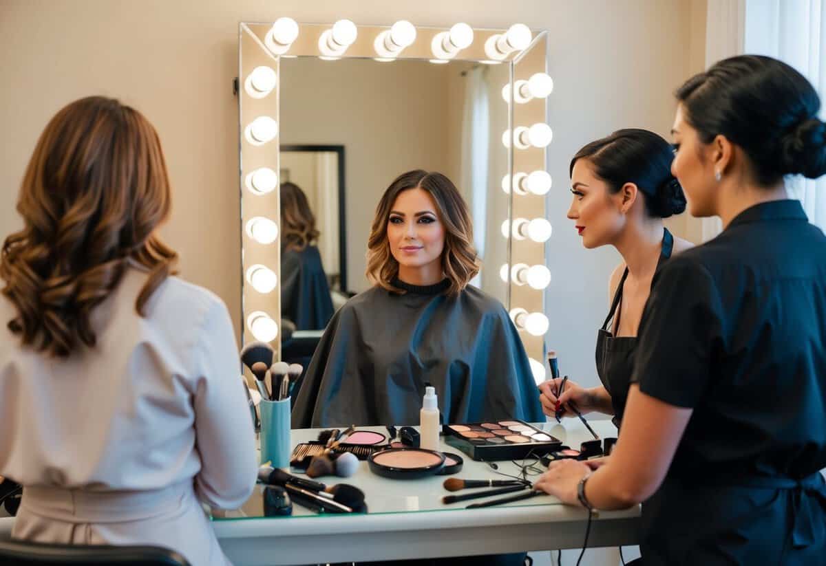 A woman sits in a chair facing a mirror, with a hairstylist on one side and a makeup artist on the other. Brushes, palettes, and hair tools are scattered on the table