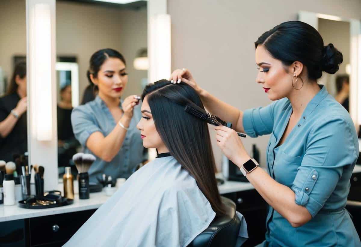 A person sitting in a salon chair, with a hairstylist working on their hair while a makeup artist prepares their tools nearby