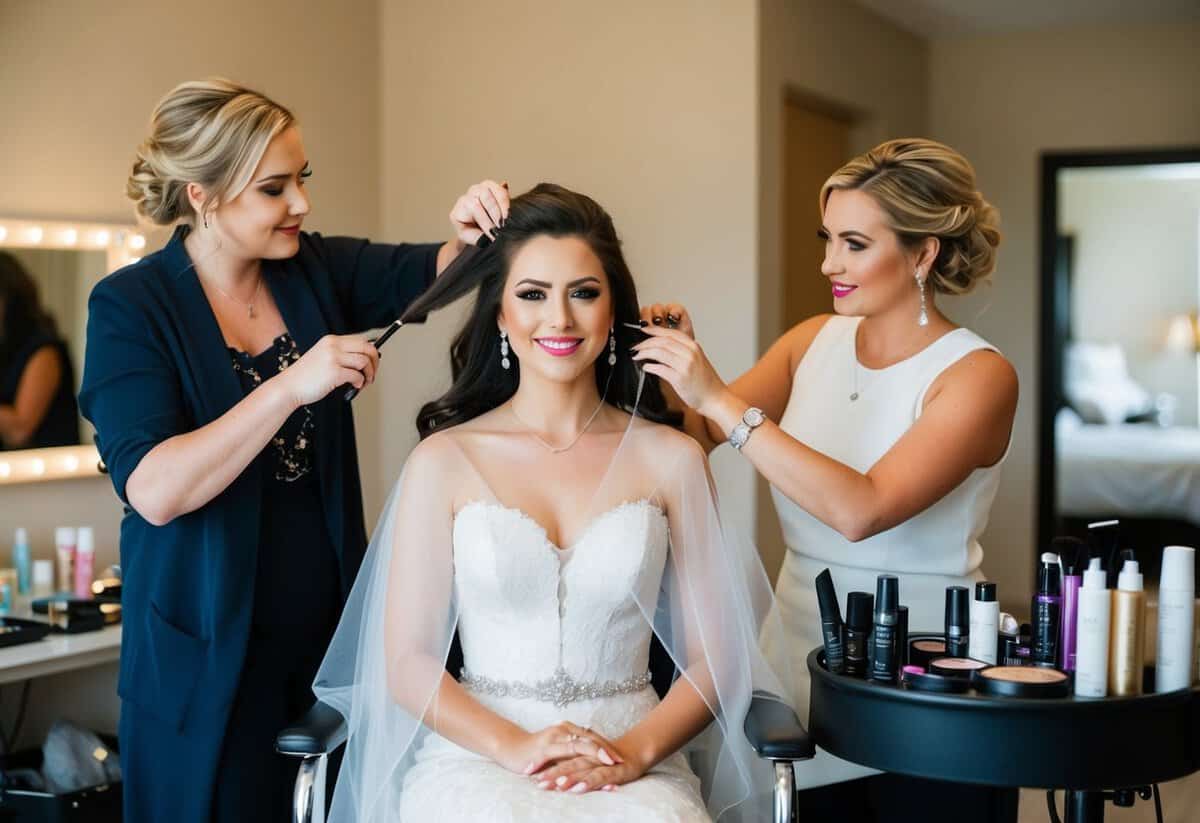A bride sits in a chair, surrounded by makeup and hair products. A stylist works on her hair while another applies makeup