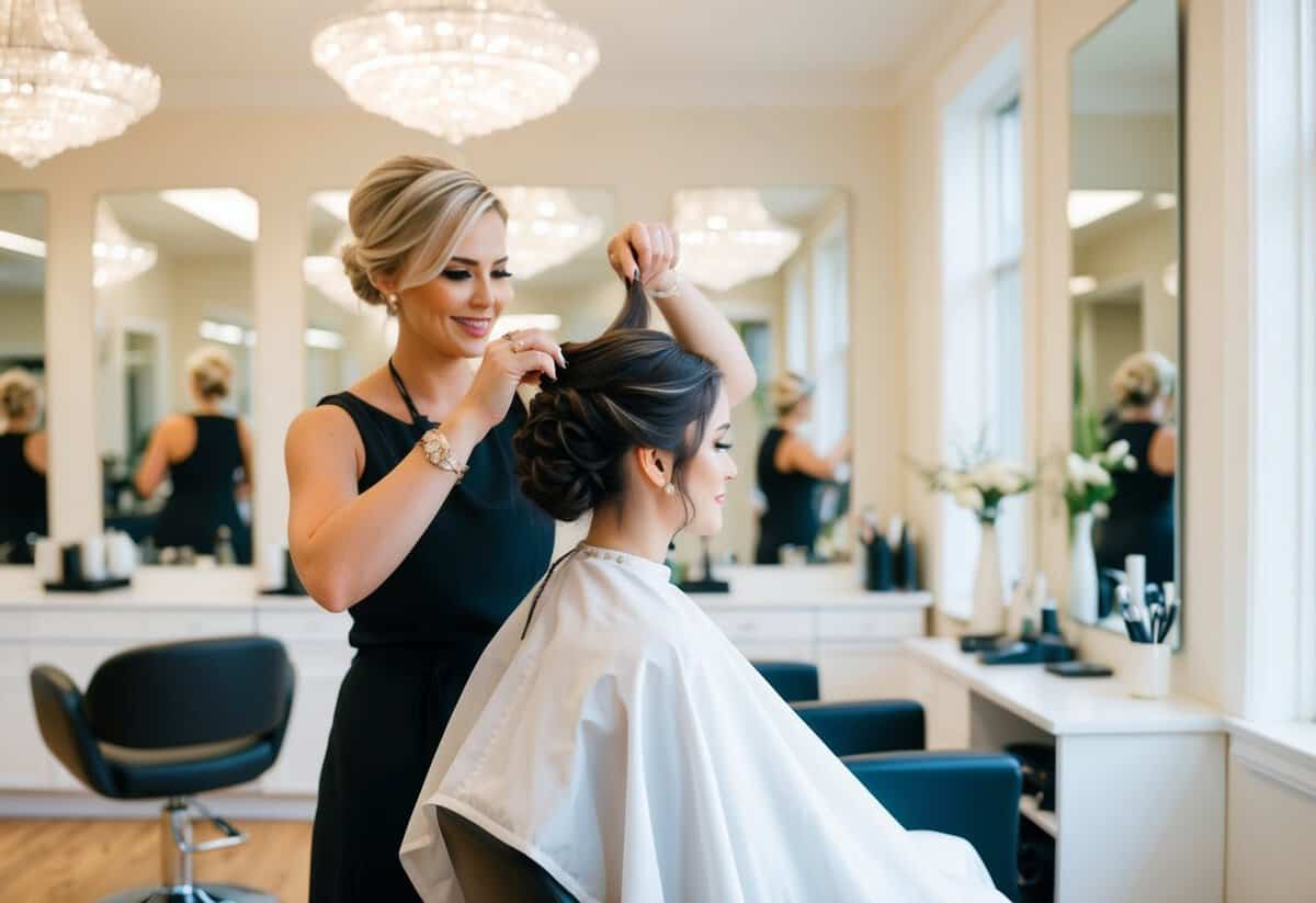 A hairstylist working on a bridal updo in a bright, spacious salon with large mirrors and elegant decor