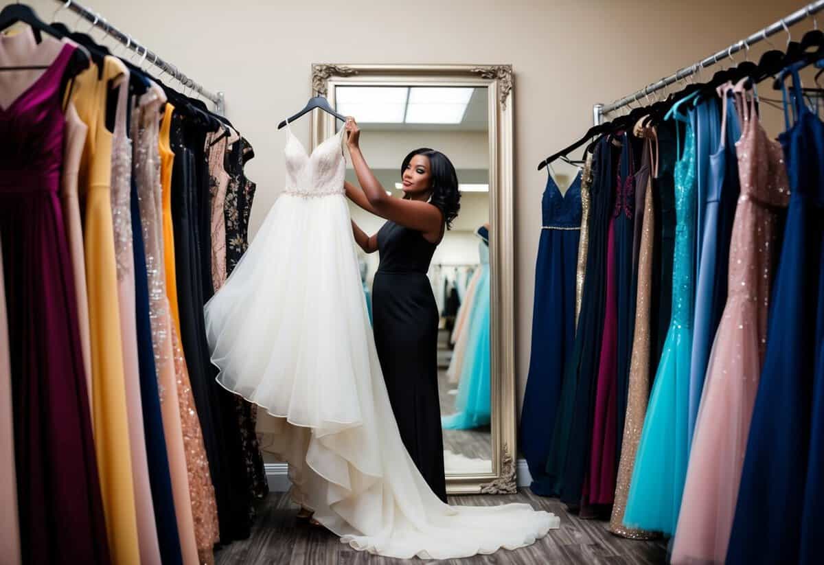 A boutique consultant holds up a flowing gown in front of a mirror, surrounded by racks of elegant dresses in various styles and colors
