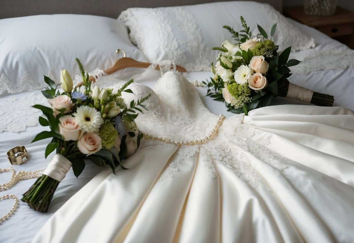 A wedding gown laid out on a bed, surrounded by delicate lace, pearls, and a bouquet of flowers