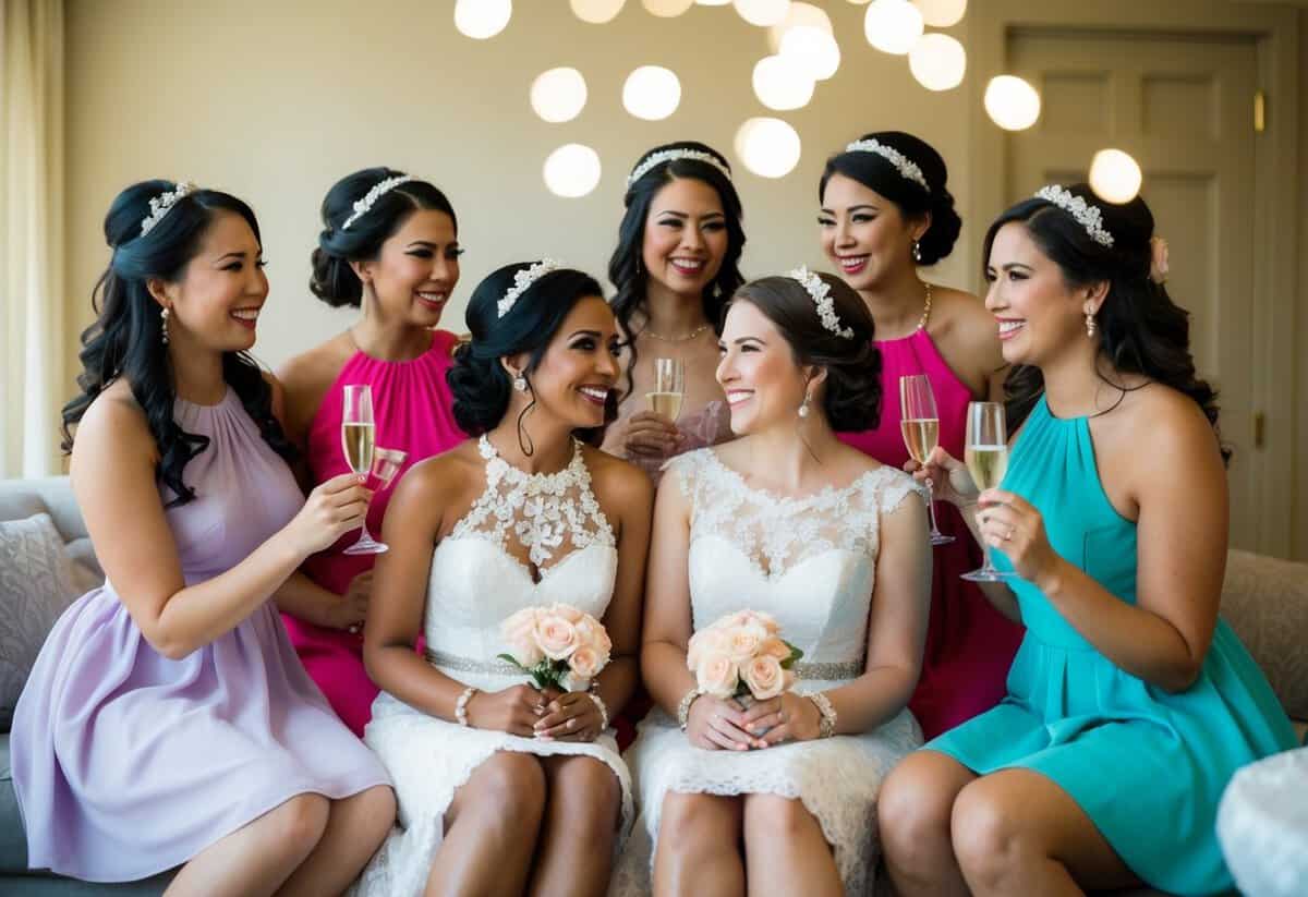 The bridesmaids pay for their dresses, shoes, and accessories. They also contribute to the bridal shower and bachelorette party expenses