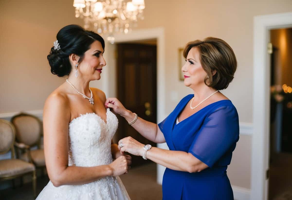 The mother of the groom should not interfere with the bride's dress fitting