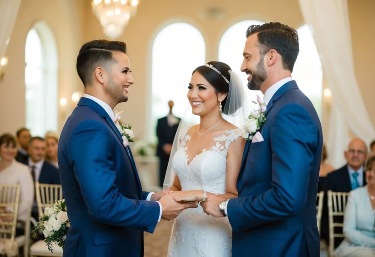 The bride's family pays for the wedding venue, catering, and decorations, while the groom's family covers the cost of the rehearsal dinner and the officiant