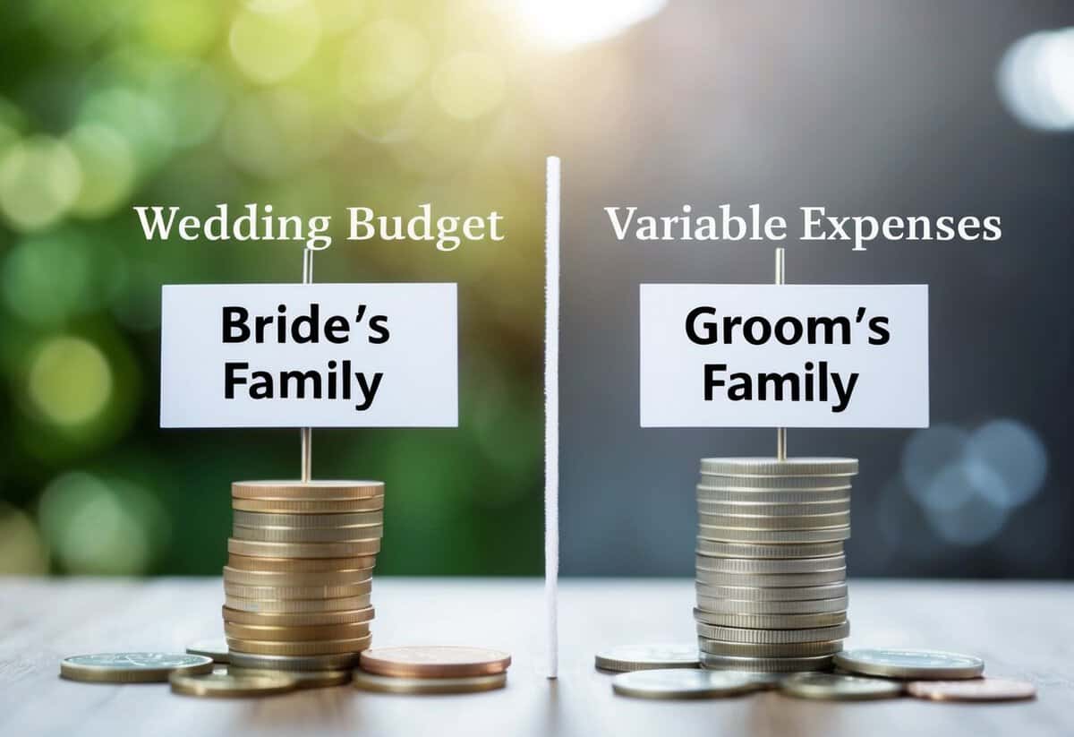 A wedding budget split in half, with one side labeled "Bride's Family" and the other "Groom's Family." Each side has a stack of coins and bills representing shared or variable expenses