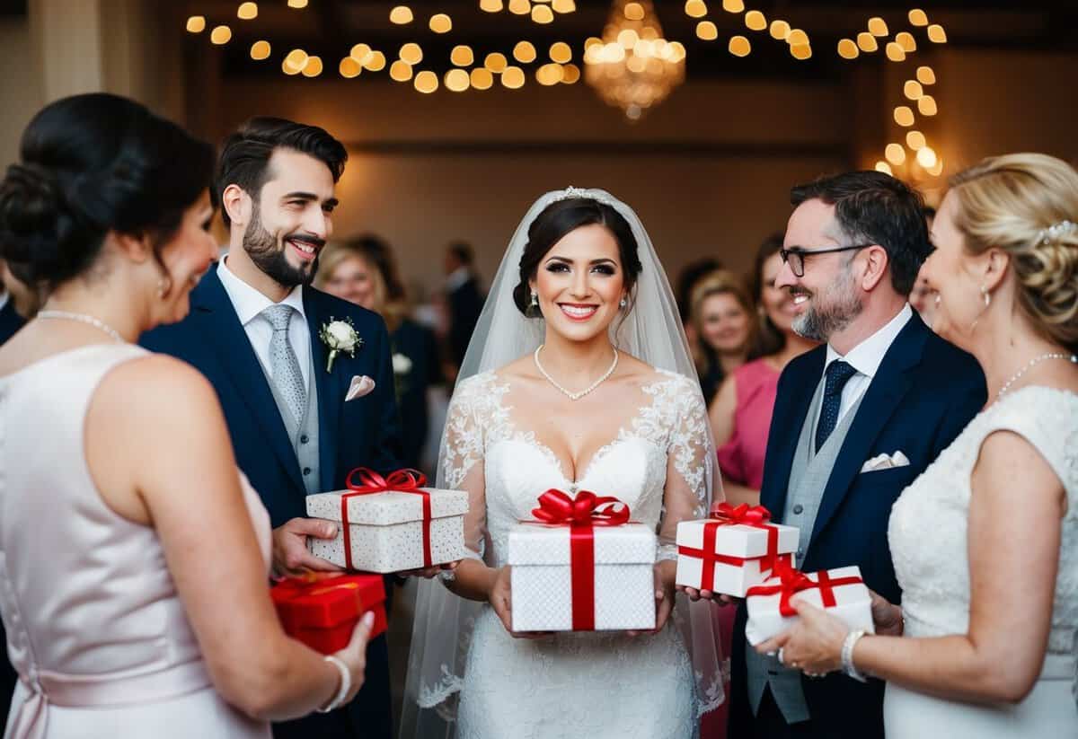 The bride presents gifts to her guests