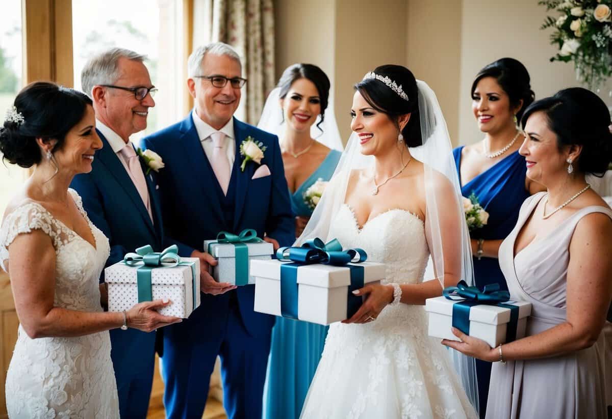 The bride presents gifts to her parents, in-laws, and bridal party