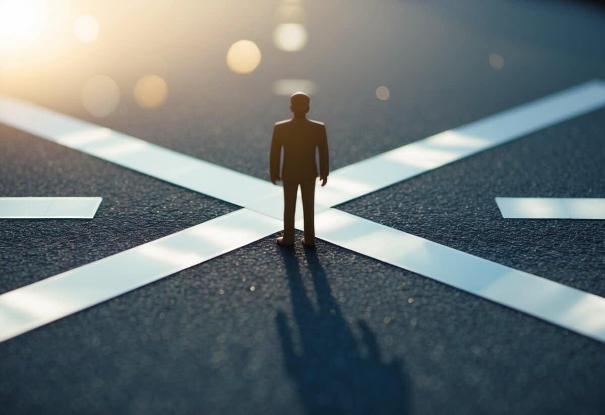 A figure standing at a crossroads, with two paths leading in different directions, representing the choice of who should give the bride away in modern interpretations of tradition