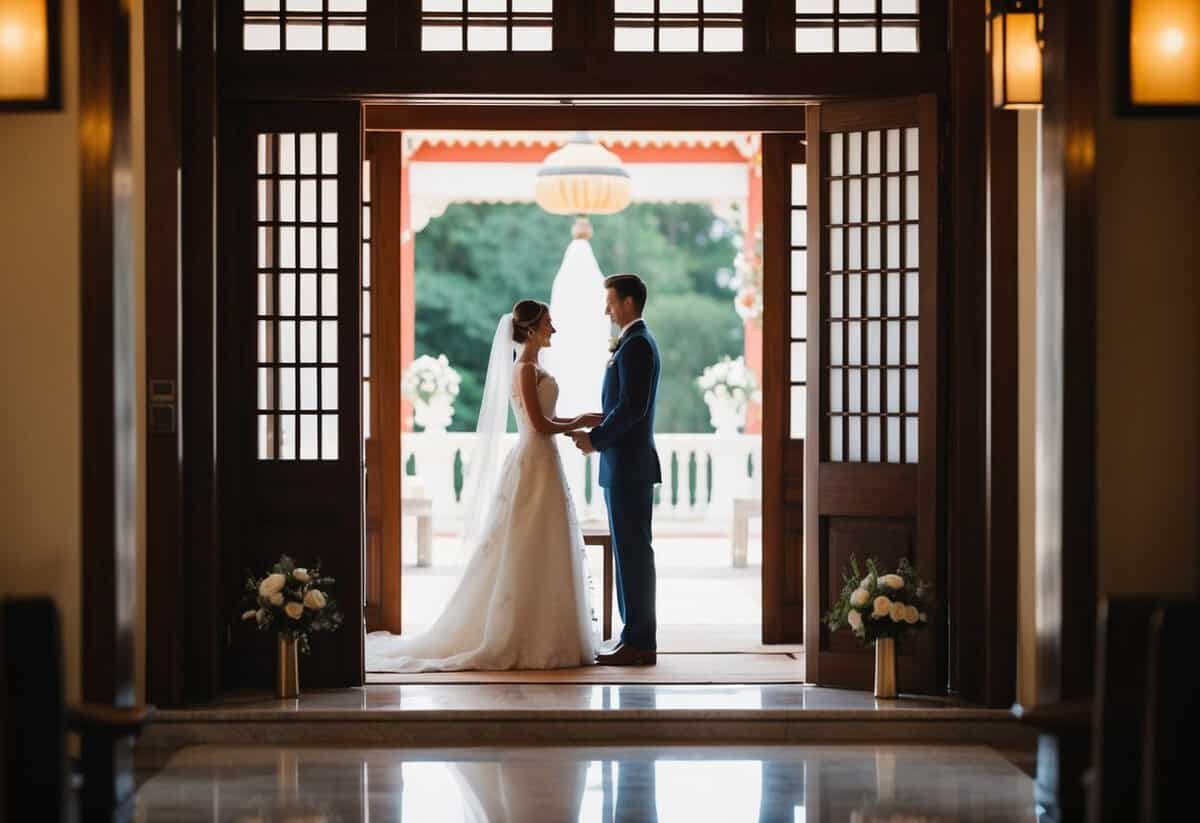 A figure stands at the entrance of a traditional wedding venue, symbolically presenting the bride to her partner