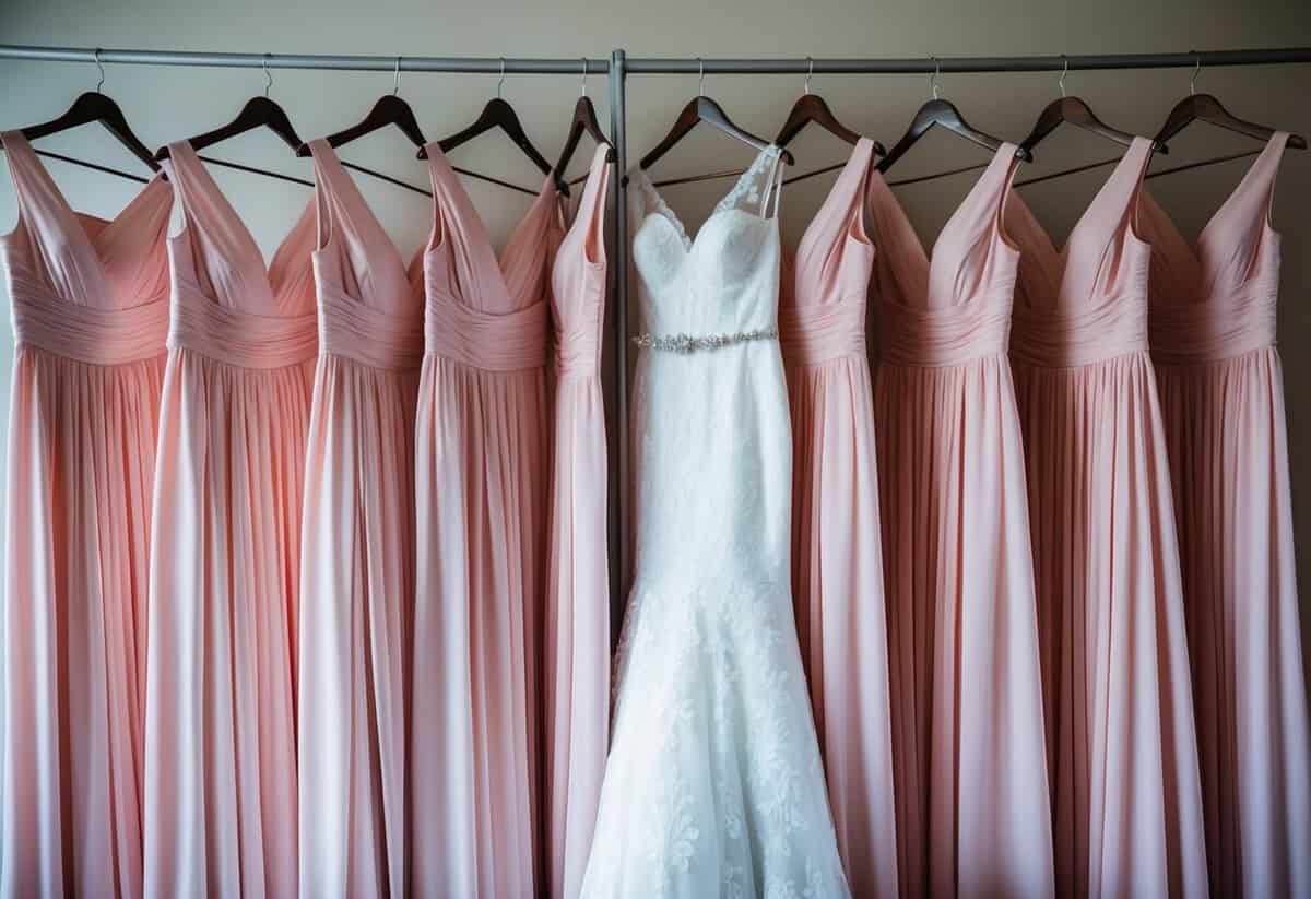 Bridesmaids' dresses hung neatly in a row, waiting to be tried on